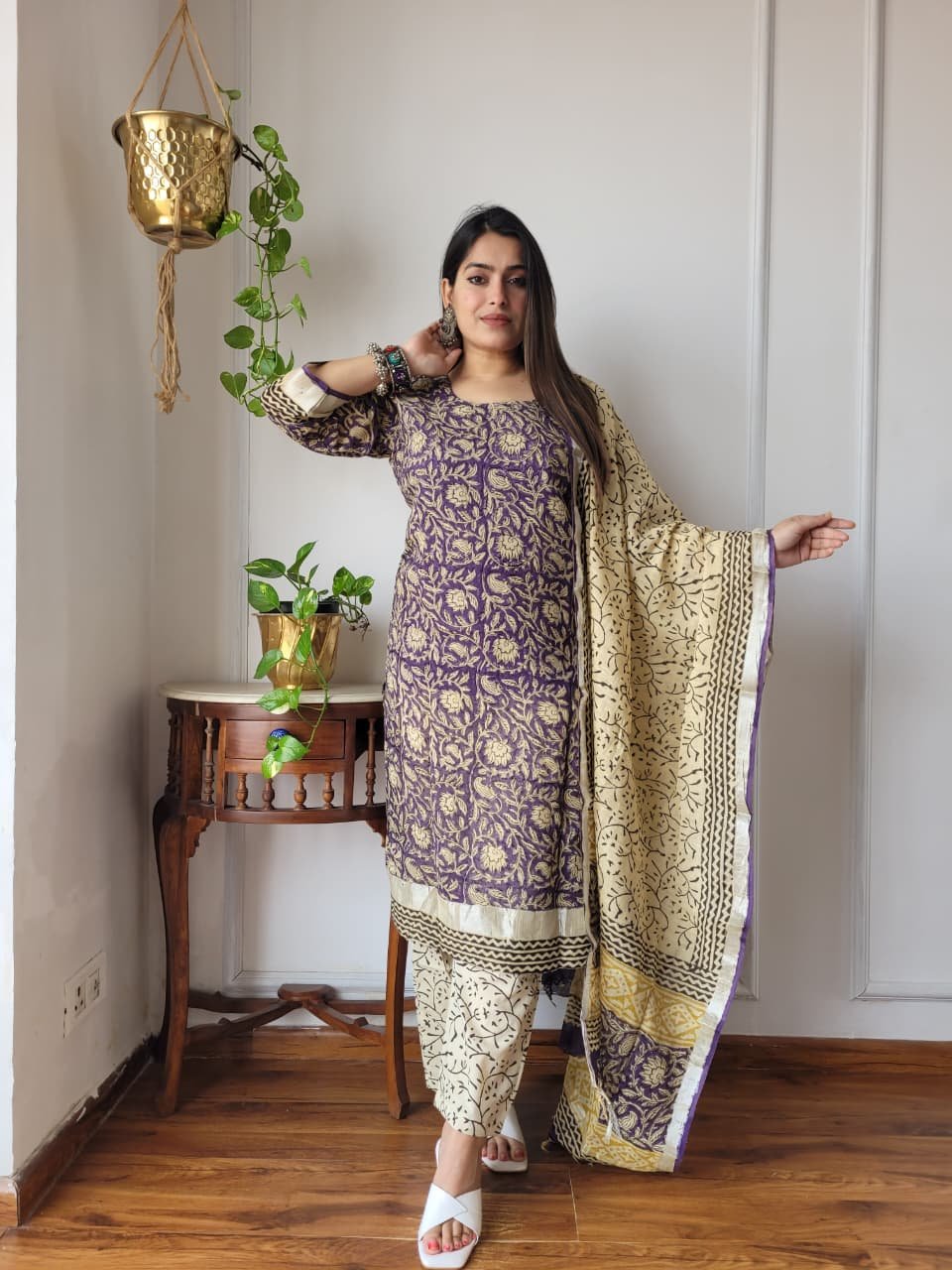 Purple  Bagru Hand Block Printed Linen Suit Set
